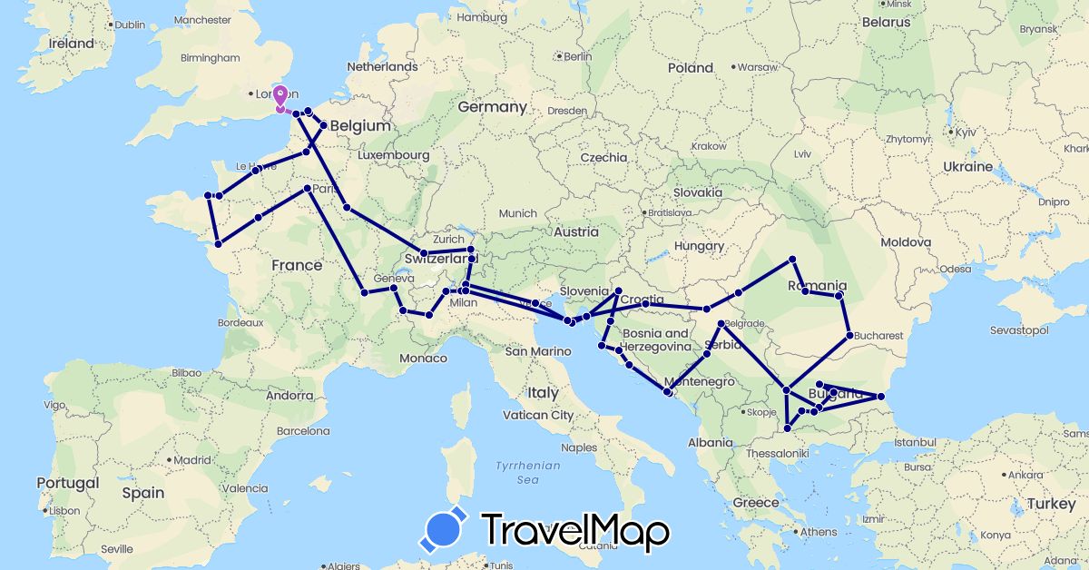 TravelMap itinerary: driving, train in Bulgaria, Switzerland, France, United Kingdom, Croatia, Italy, Liechtenstein, Romania, Serbia (Europe)